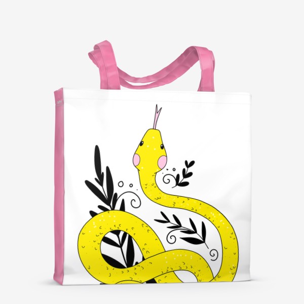 Сумка-шоппер «желтая змея, изогнутое тело кольцами с высунутым языком и растениями с спиралями»