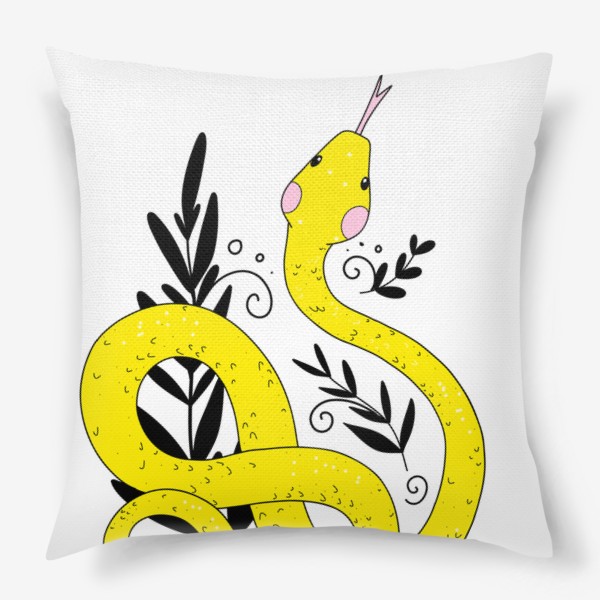 Подушка «желтая змея, изогнутое тело кольцами с высунутым языком и растениями с спиралями»