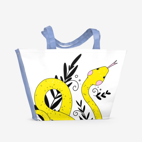 Пляжная сумка «желтая змея, изогнутое тело кольцами с высунутым языком и растениями с спиралями»