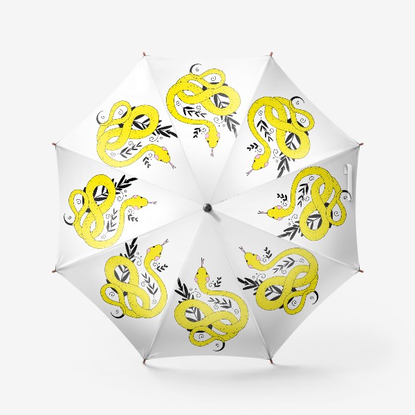 Зонт «желтая змея, изогнутое тело кольцами с высунутым языком и растениями с спиралями»