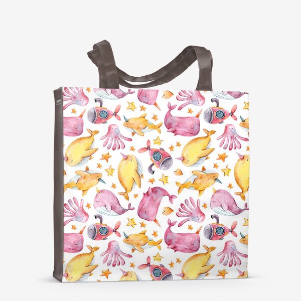 Сумка-шоппер «Розовые и желтые киты. Паттерн для детской одежды. Забавный принт »