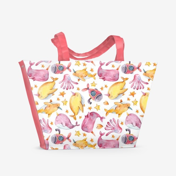 Пляжная сумка &laquo;Розовые и желтые киты. Паттерн для детской одежды. Забавный принт &raquo;