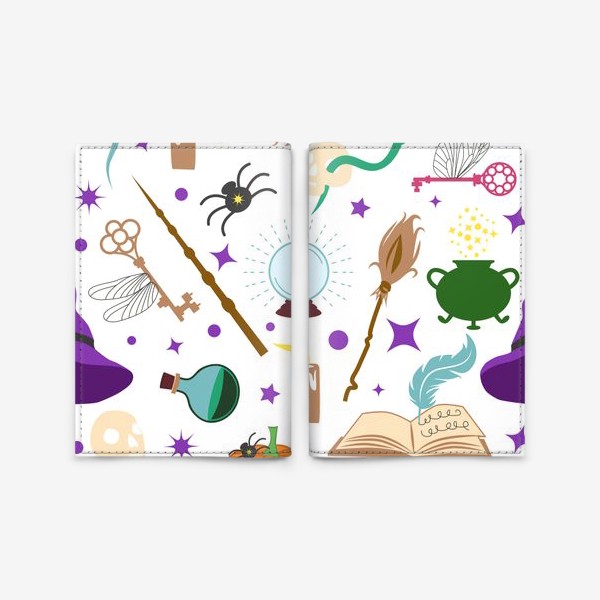 Обложка для паспорта «Гарри Поттер паттерн с магическими предметами: шляпа, метла, шар, ключ, зелье, свеча, череп »