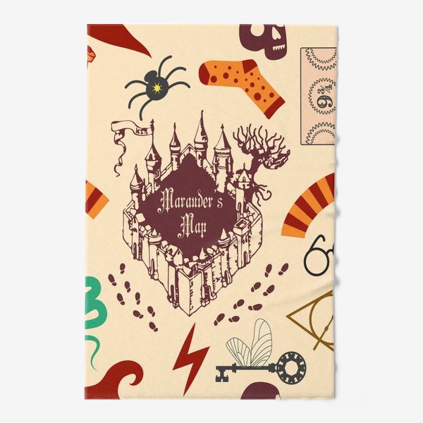 Полотенце «Гарри Поттер паттерн с картой мародеров и магическими предметами: шарф, билет, шляпа, ключ, зелье, »