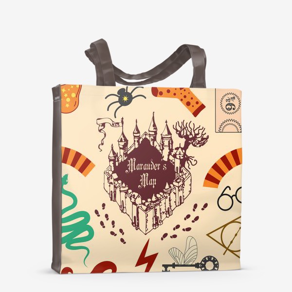 Сумка-шоппер «Гарри Поттер паттерн с картой мародеров и магическими предметами: шарф, билет, шляпа, ключ, зелье, »