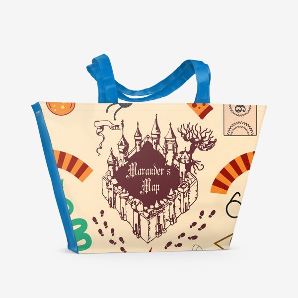 Пляжная сумка «Гарри Поттер паттерн с картой мародеров и магическими предметами: шарф, билет, шляпа, ключ, зелье, »