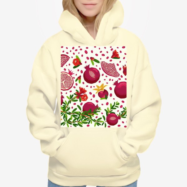Худи «Гранатовая ветка паттерн, горизонтальный бордюр с ягодами и цветами»