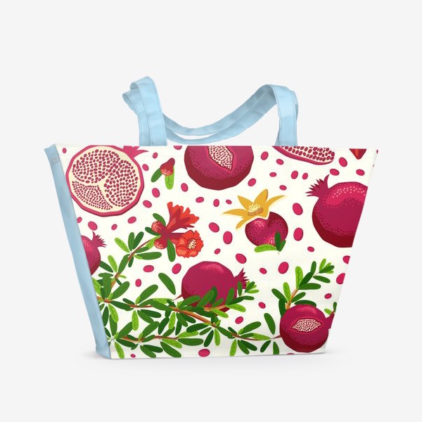 Пляжная сумка «Гранатовая ветка паттерн, горизонтальный бордюр с ягодами и цветами»