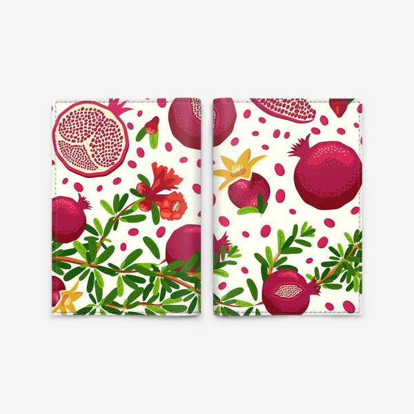 Обложка для паспорта «Гранатовая ветка паттерн, горизонтальный бордюр с ягодами и цветами»