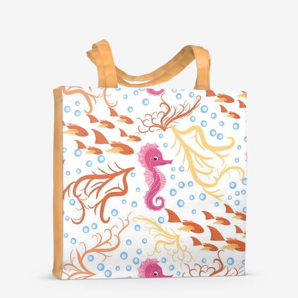 Сумка-шоппер «Морской конек розовый, водоросли, пузыри и рыбки паттерн»
