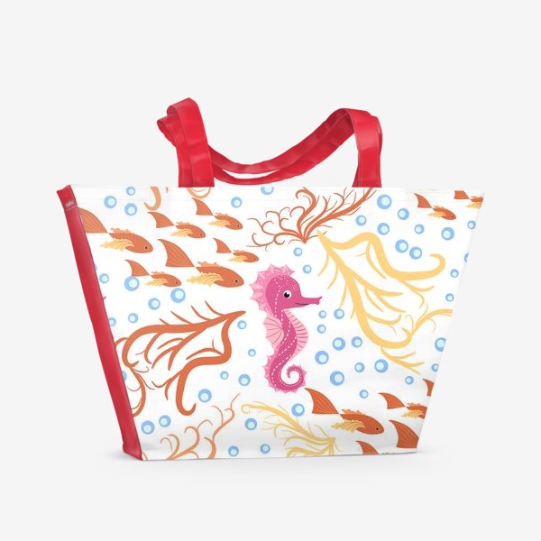 Пляжная сумка &laquo;Морской конек розовый, водоросли, пузыри и рыбки паттерн&raquo;