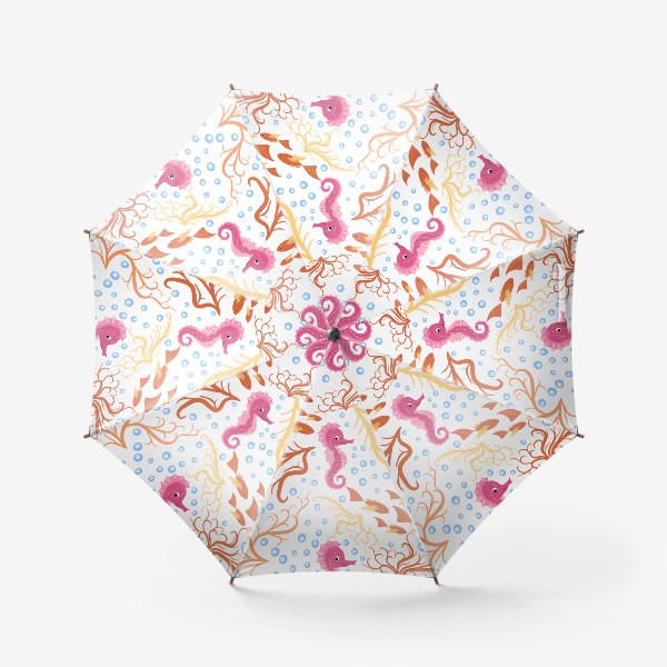Зонт &laquo;Морской конек розовый, водоросли, пузыри и рыбки паттерн&raquo;