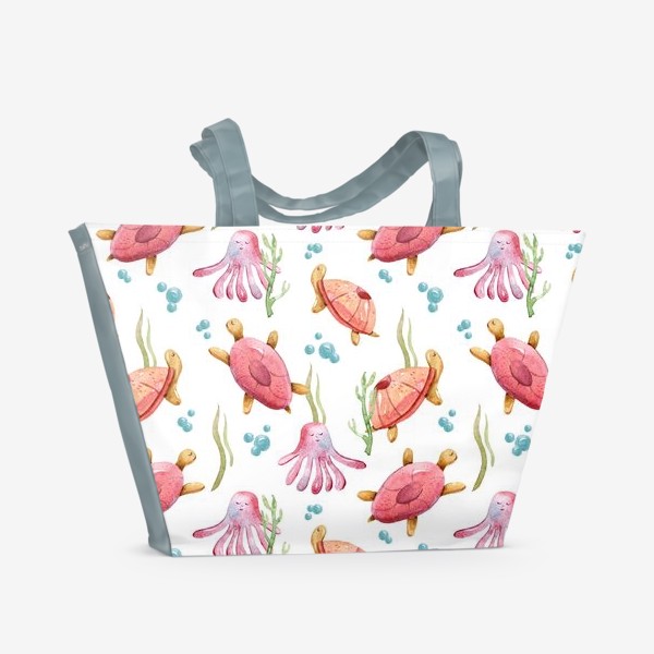 Пляжная сумка «Черепахи и медузы. Бесшовный паттерн. Акварельный милый детский принт. Подарок для ребенка. Милые морские животные.»