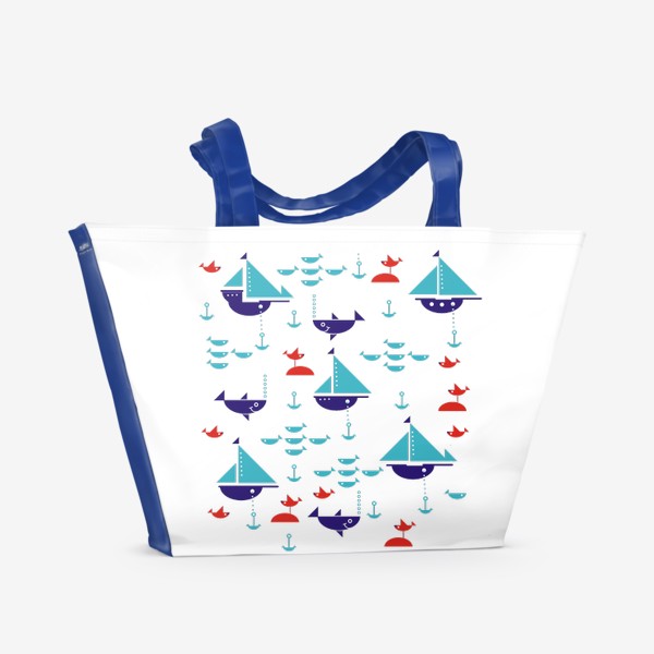 Пляжная сумка «Сине голубые кораблики в море»