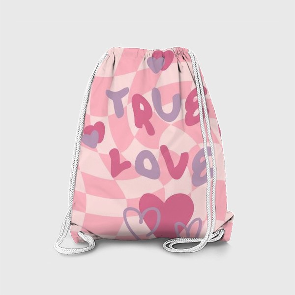 Рюкзак «Принт со слоганом TRUE LOVE "НАСТОЯЩАЯ ЛЮБОВЬ" на фоне в клетку в стиле хиппи 1970-х »