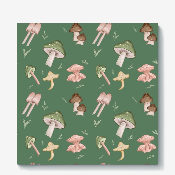 Холст «Много грибов на зелёном фоне»