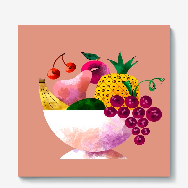 Холст «Ваза с фруктами груша банан виноград на персиковом фоне »