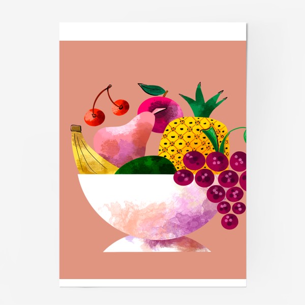 Постер «Ваза с фруктами груша банан виноград на персиковом фоне »