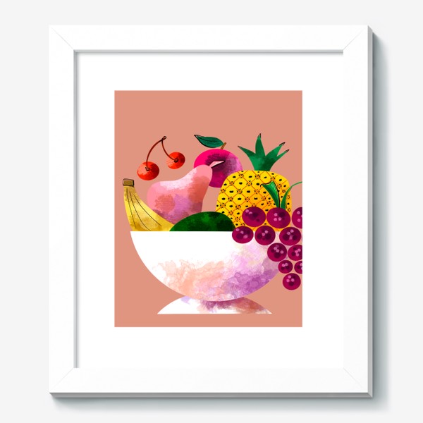 Картина «Ваза с фруктами груша банан виноград на персиковом фоне »