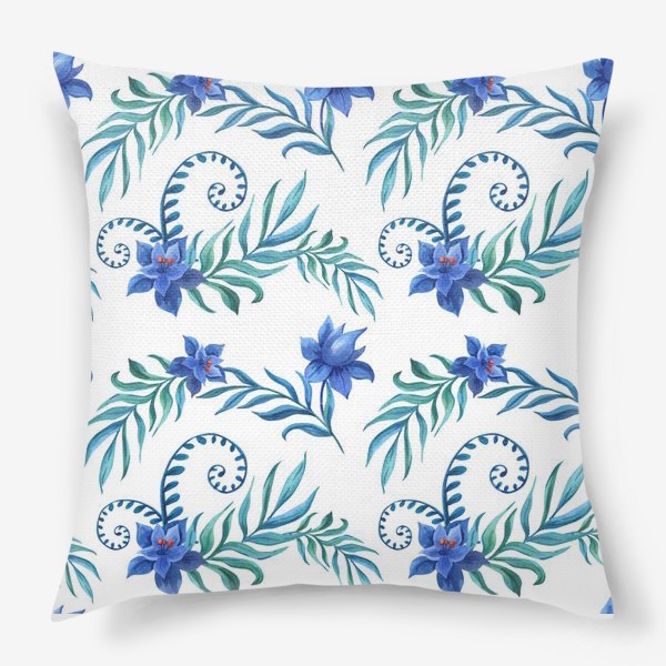Подушка «Тропический принт синими цветами»
