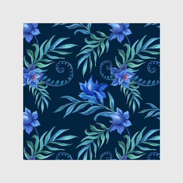 Шторы «Синие цветы с тропическими листьями на темном»
