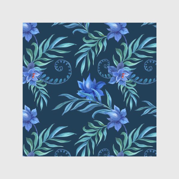 Скатерть «Синие цветы с тропическими листьями на темном»