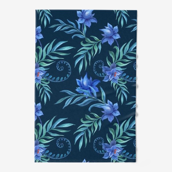 Полотенце «Синие цветы с тропическими листьями на темном»