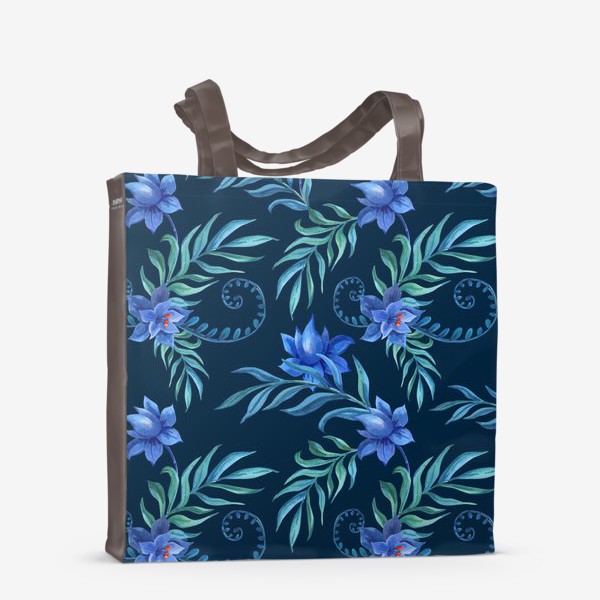 Сумка-шоппер «Синие цветы с тропическими листьями на темном»