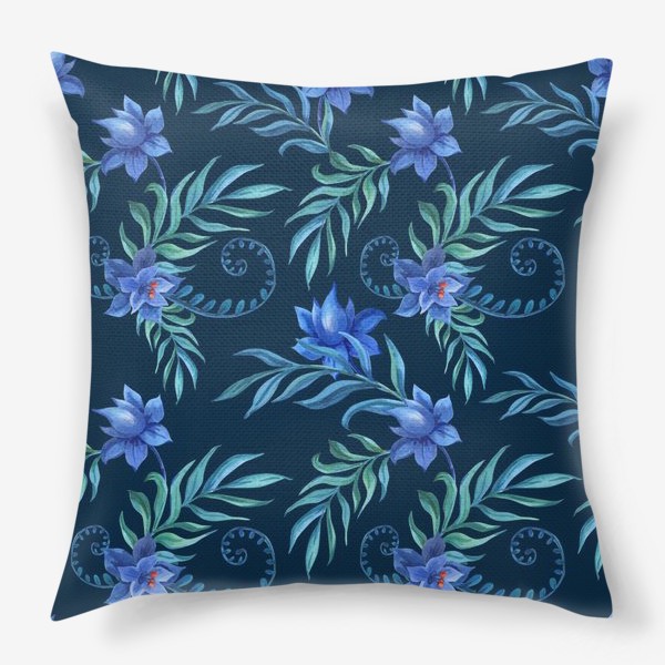 Подушка «Синие цветы с тропическими листьями на темном»