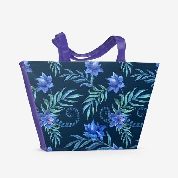 Пляжная сумка «Синие цветы с тропическими листьями на темном»