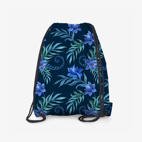 Рюкзак «Синие цветы с тропическими листьями на темном»