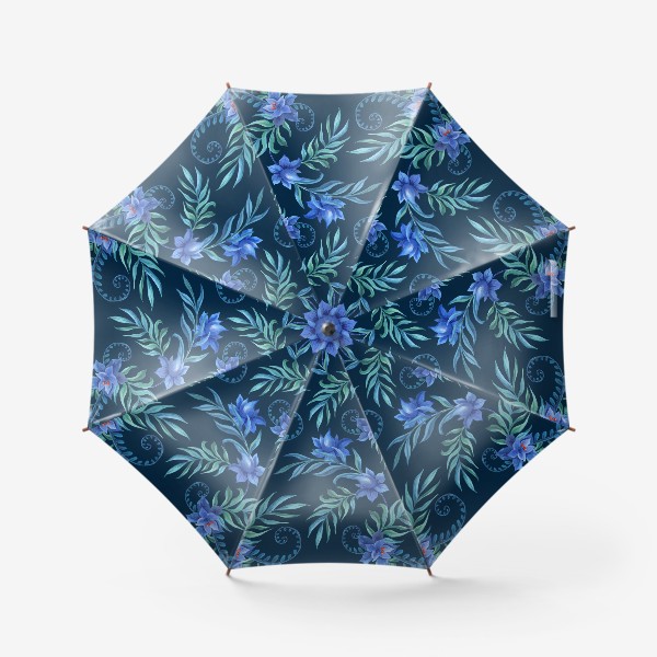 Зонт «Синие цветы с тропическими листьями на темном»