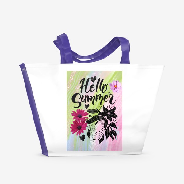 Пляжная сумка «Летний коллаж с надписью - Hello summer на нежном пастельном фоне.»