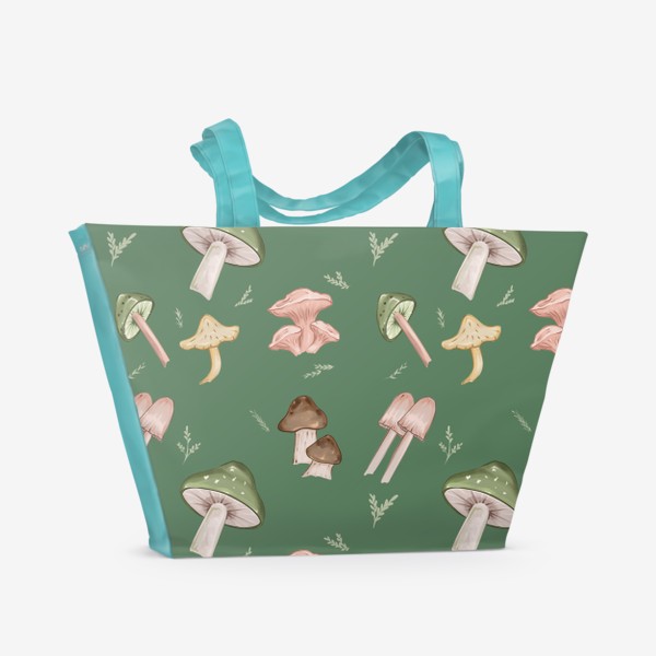 Пляжная сумка «Много грибов на зелёном фоне»