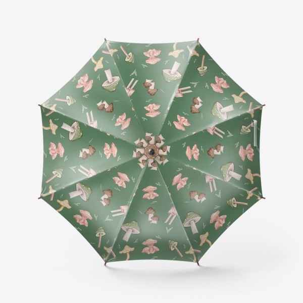 Зонт «Много грибов на зелёном фоне»