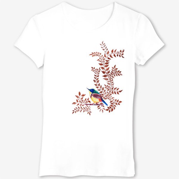Футболка &laquo;Тропическая птичка, акварельная композиция с золотыми веточками&raquo;