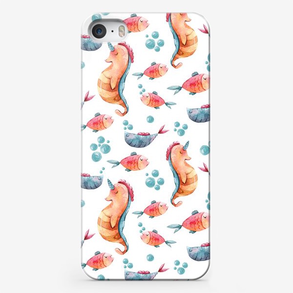 Чехол iPhone «Акварельный паттерн с морским коньком и рыбками. Принт для детской футболки»