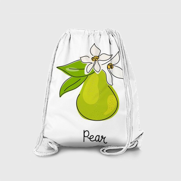 Рюкзак «Фрукты. Рисованная зеленая груша с цветами и листьями на белом фоне. Скетч»