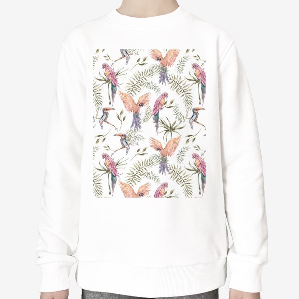 Свитшот «Тропический паттерн для футболки. Попугаи на ветке. Принт для одежды.»