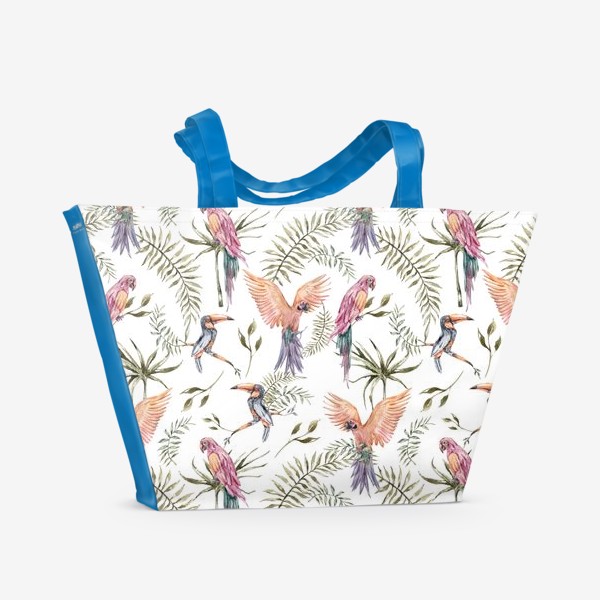 Пляжная сумка &laquo;Тропический паттерн для футболки. Попугаи на ветке. Принт для одежды.&raquo;