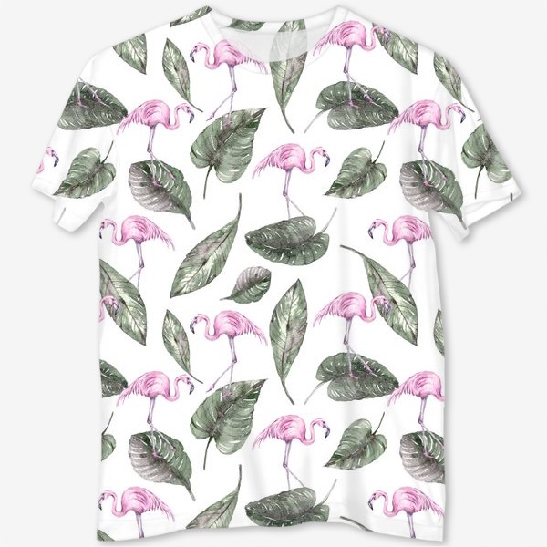 Футболка с полной запечаткой «Акварельные розовые фламинго. Тропический паттерн для футболки. Принт для одежды.»