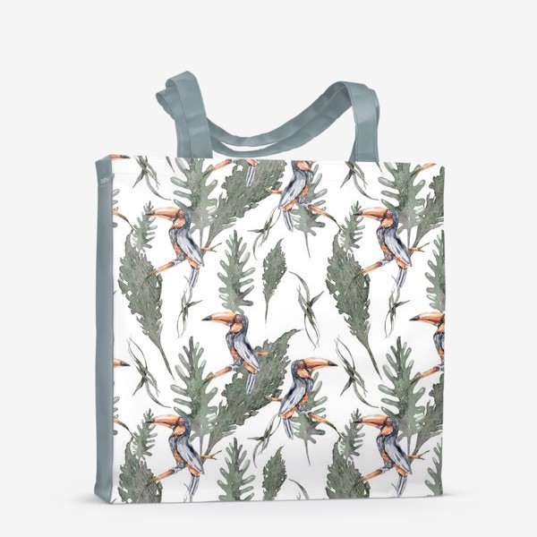 Сумка-шоппер «Акварельные тропические листья с туканом. Зеленый паттерн для одежды, пляжной сумки.»