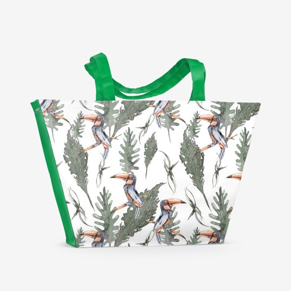 Пляжная сумка «Акварельные тропические листья с туканом. Зеленый паттерн для одежды, пляжной сумки.»