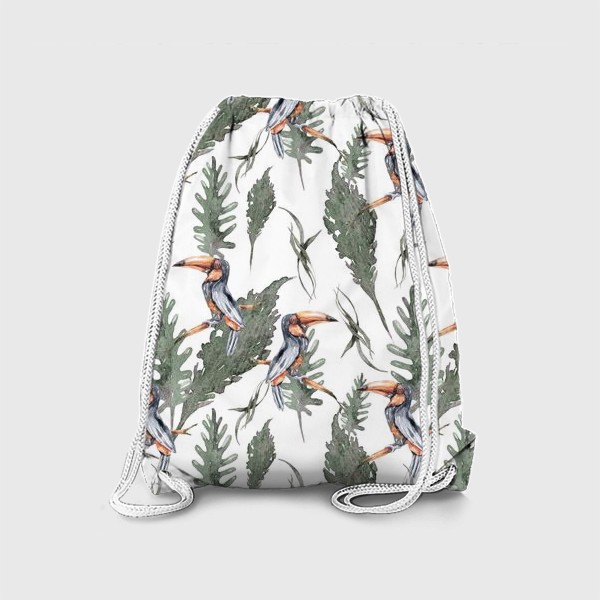 Рюкзак «Акварельные тропические листья с туканом. Зеленый паттерн для одежды, пляжной сумки.»