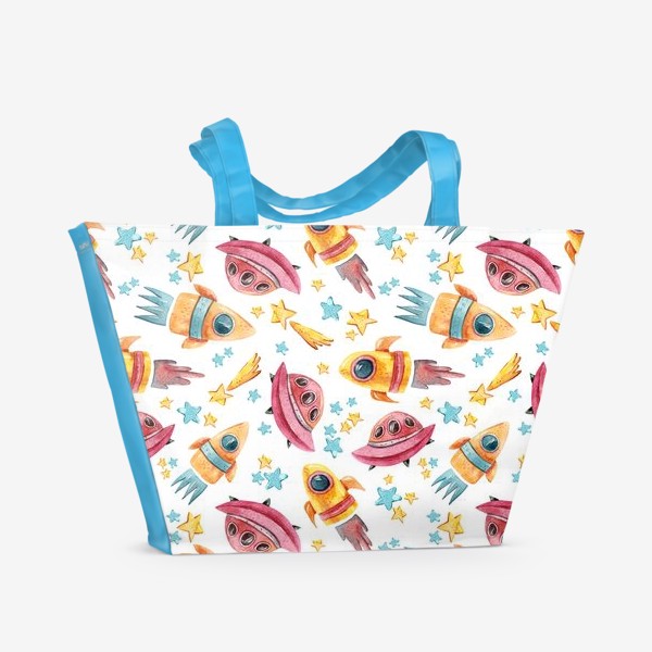 Пляжная сумка «Акварельная космическая иллюстрация для детской футболки. Паттерн с ракетами. Принт для телефона.»
