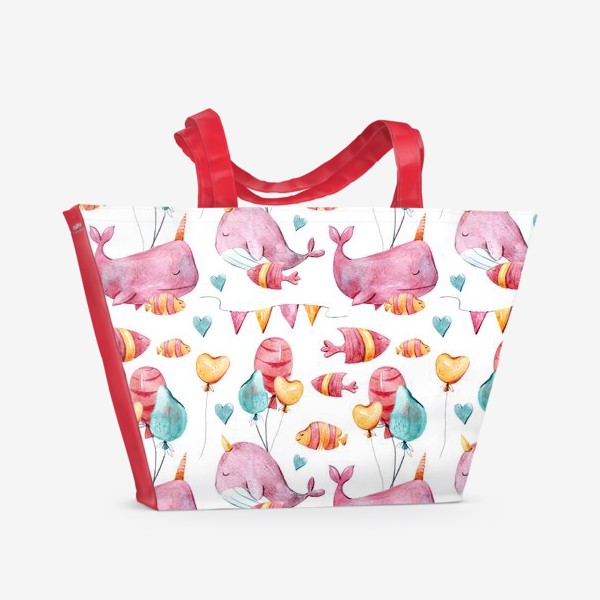 Пляжная сумка &laquo;Паттерн с розовыми китами. Акварельная иллюстрация.&raquo;