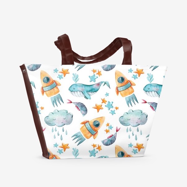 Пляжная сумка «Космические киты. Паттерн с ракетами, китами и рыбками. Акварельная иллюстрация»