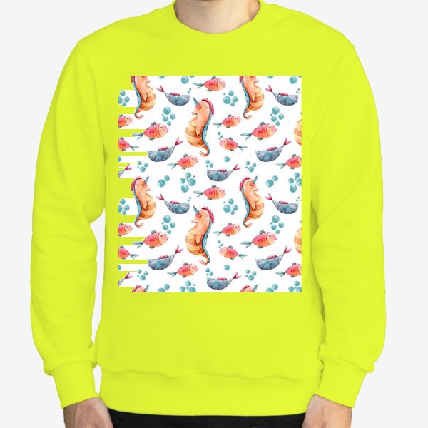 Свитшот «Акварельный паттерн с морским коньком и рыбками. Принт для детской футболки»