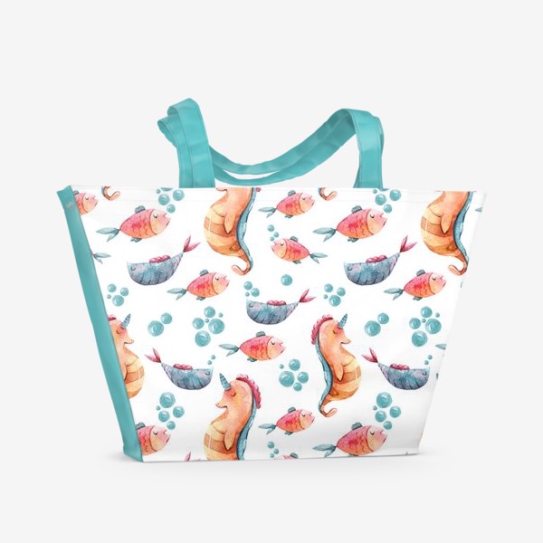 Пляжная сумка &laquo;Акварельный паттерн с морским коньком и рыбками. Принт для детской футболки&raquo;