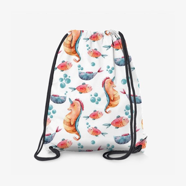 Рюкзак «Акварельный паттерн с морским коньком и рыбками. Принт для детской футболки»